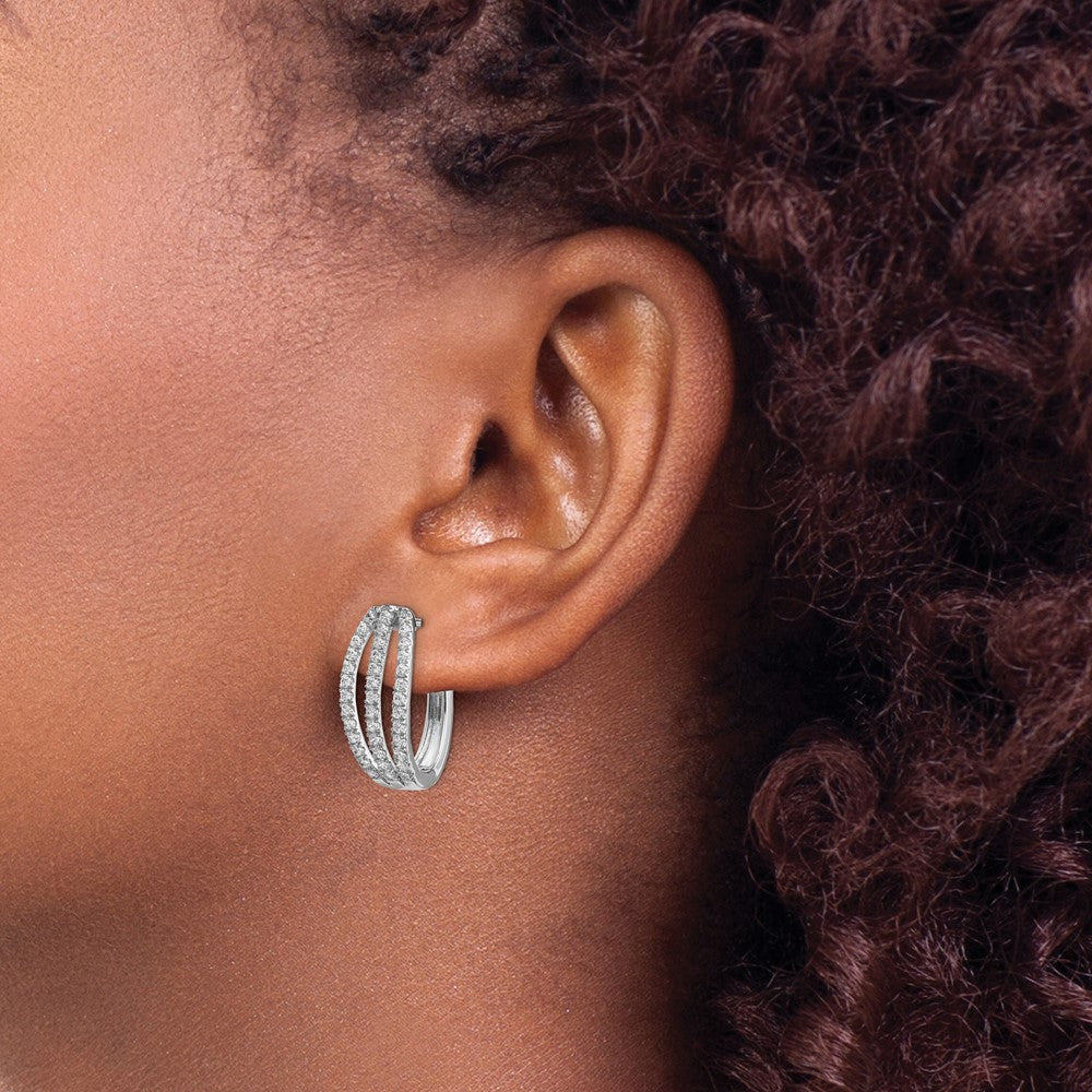 Solid 14k White Gold 3-row Simulated CZ Hinged Hoop Earrings