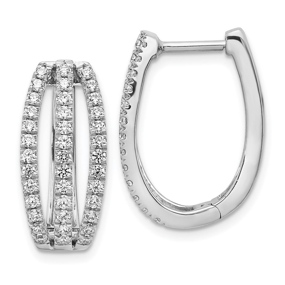 Solid 14k White Gold 3-row Simulated CZ Hinged Hoop Earrings