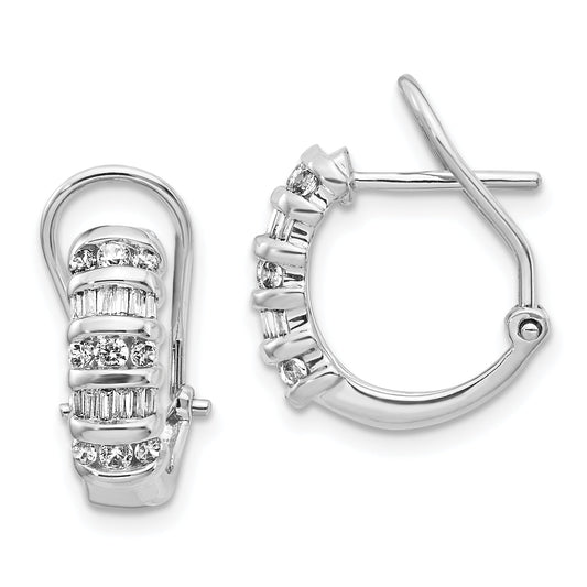 Solid 14k White Gold Simulated CZ Omega BacK Hoop Earrings