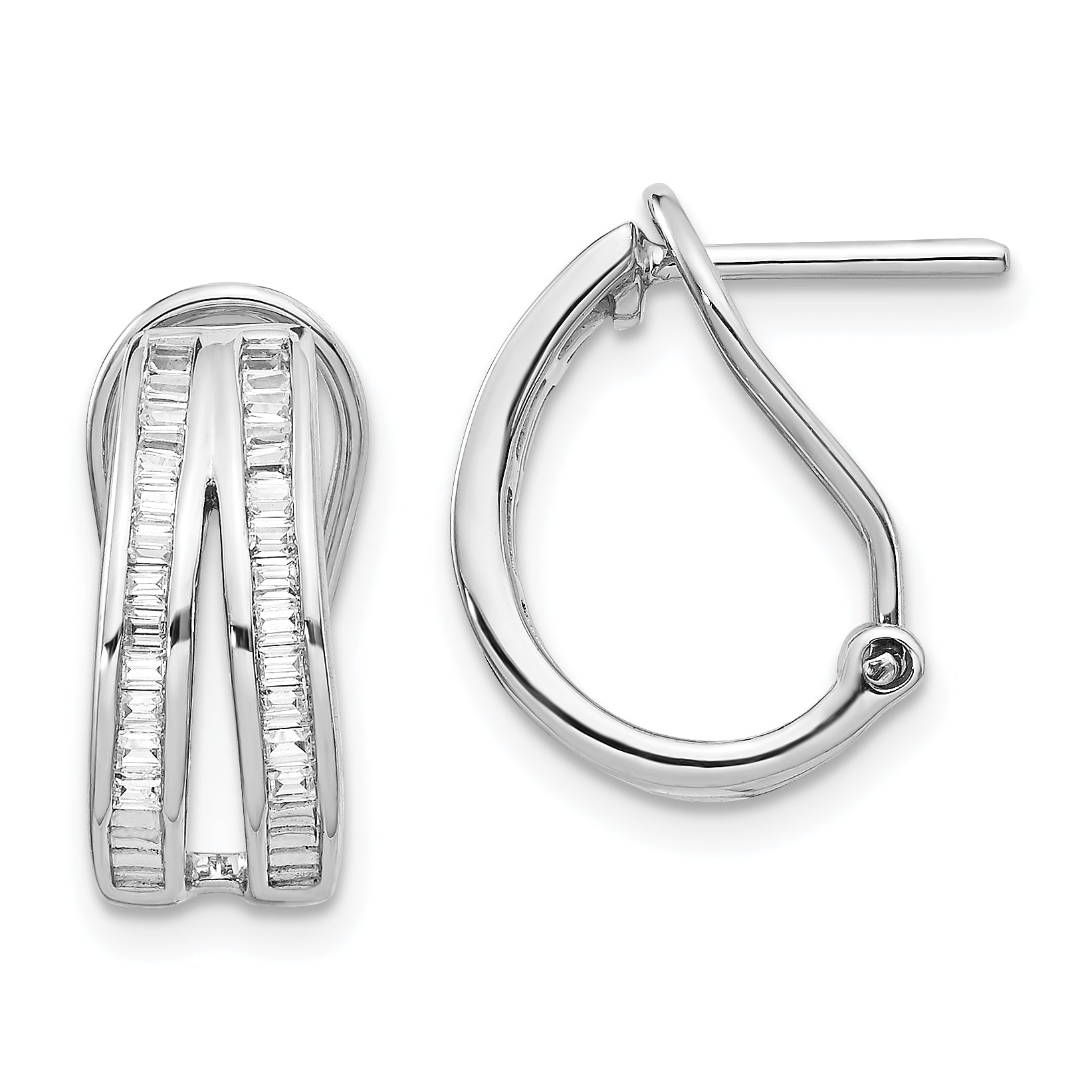 Solid 14k White Gold 2-row Baguette Simulated CZ Omega BacK Hoop Earrings