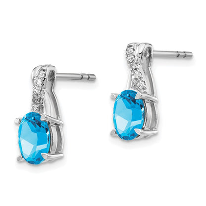 Solid 14k White Gold Simulated Blue Topaz and CZ Earrings
