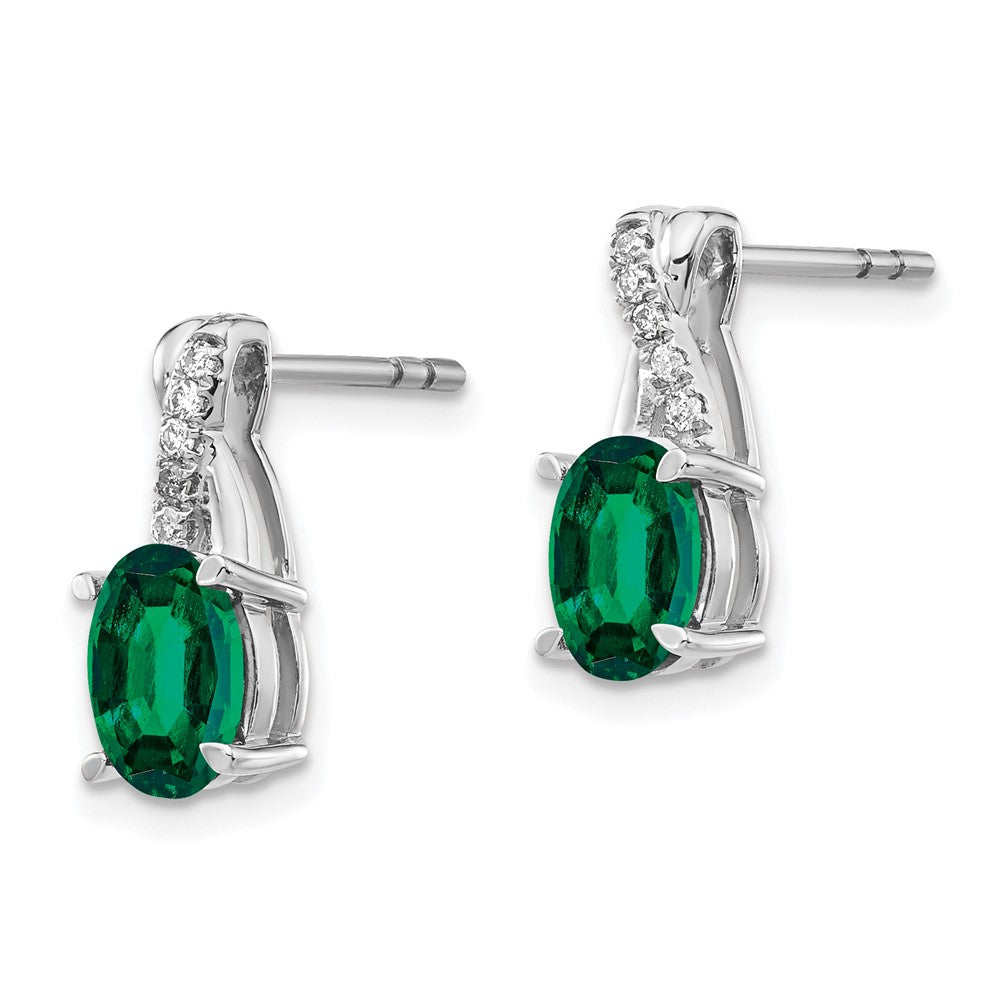 Solid 14k White Gold Created Simulated Emerald and CZ Earrings