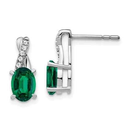 Solid 14k White Gold Created Simulated Emerald and CZ Earrings