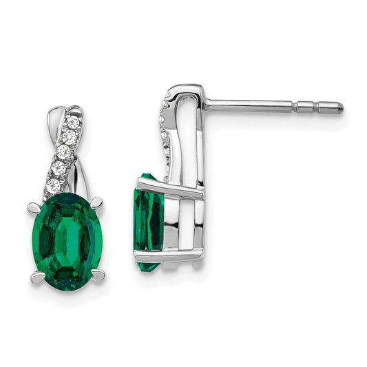 Solid 14k White Gold Created Simulated Emerald and CZ Earrings