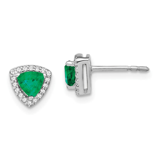 Solid 14k White Gold Trillion Simulated Emerald and CZ Halo Earrings