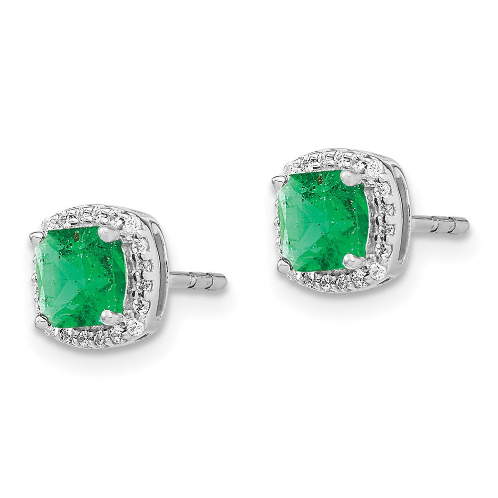 Solid 14k White Gold Cushion Simulated Emerald and CZ Halo Earrings