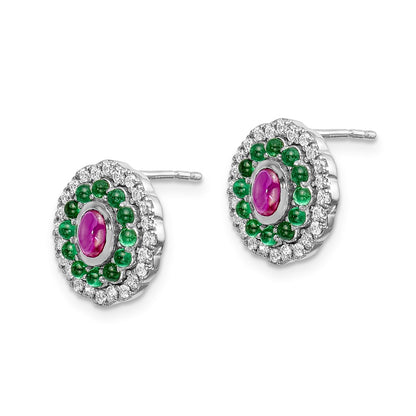 Solid 14k White Gold Simulated CZ Ruby & Emerald Earrings