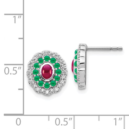 Solid 14k White Gold Simulated CZ Ruby & Emerald Earrings