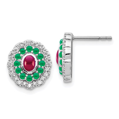 Solid 14k White Gold Simulated CZ Ruby & Emerald Earrings