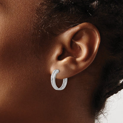 Solid 14k White Gold Simulated CZ In/Out Hinged Hoop Earrings