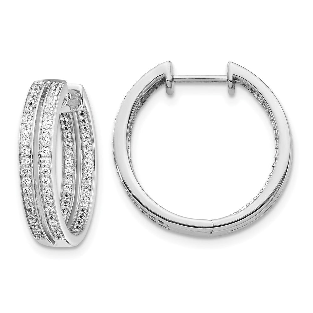 Solid 14k White Gold Simulated CZ In/Out Hinged Hoop Earrings