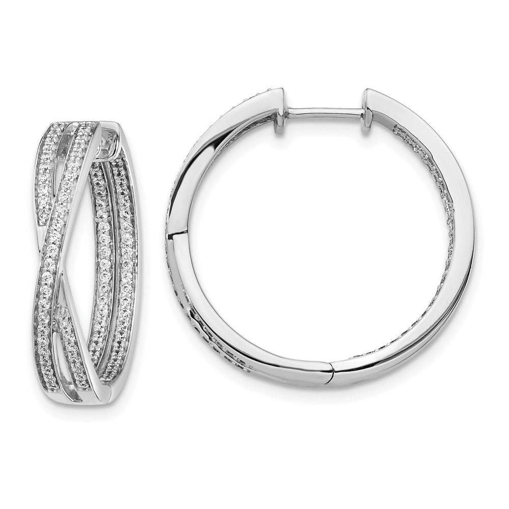 Solid 14k White Gold Simulated CZ In/Out Hoop Earrings