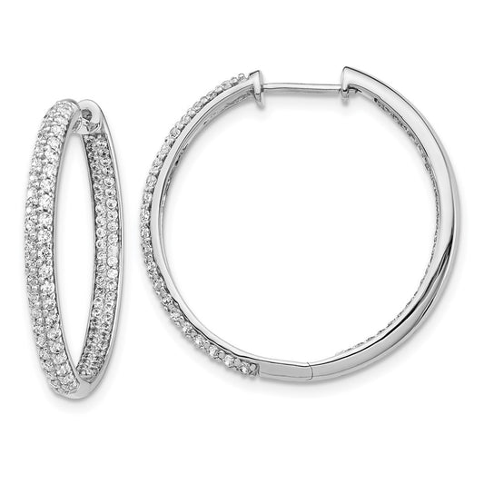 Solid 14k White Gold Simulated CZ In/Out Hinged Hoop Earrings