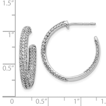 Solid 14k White Gold Simulated CZ In/Out Hoop Post Earrings