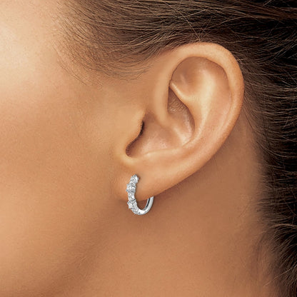 Solid 14k White Gold Simulated CZ Hinged Hoop Earrings
