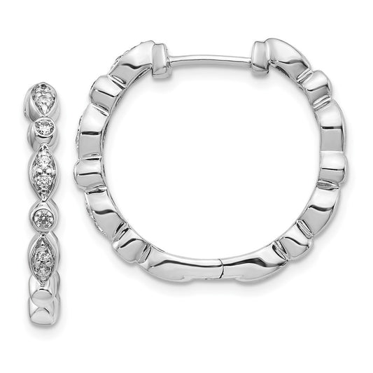 Solid 14k White Gold Simulated CZ Hinged Hoop Earrings