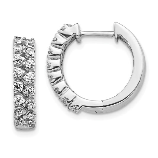 Solid 14k White Gold 2-row Simulated CZ Hinged Hoop Earrings