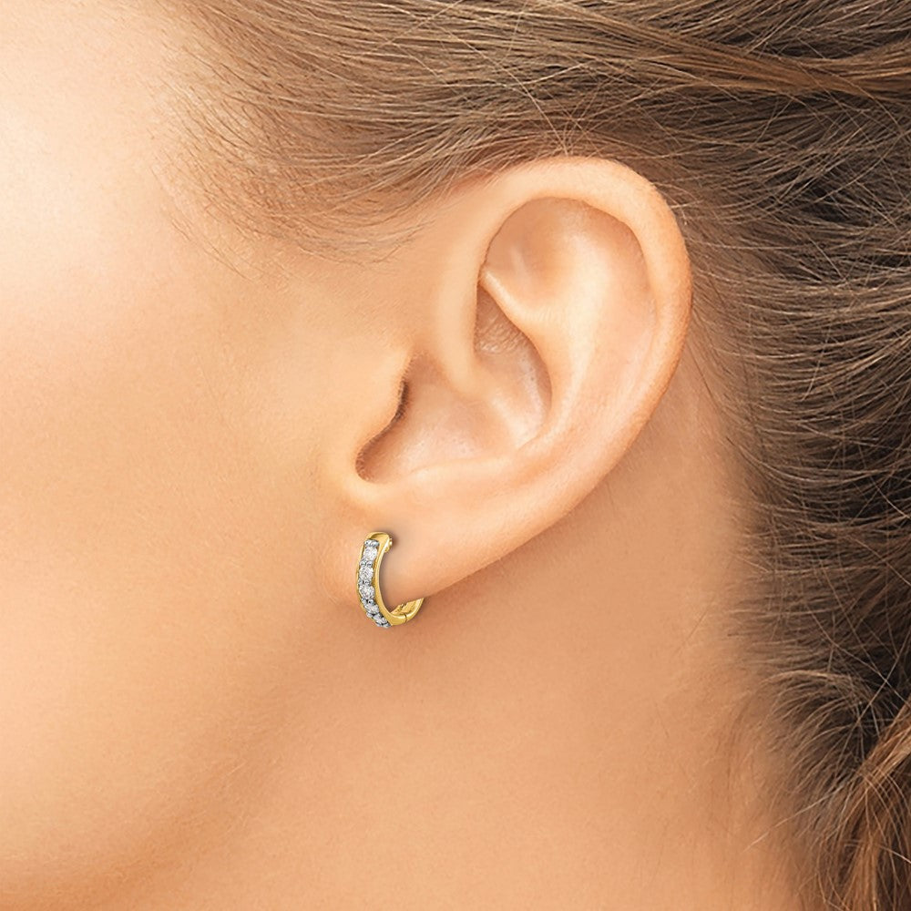 Solid 14k Yellow Gold Simulated CZ Hinged Hoop Earrings