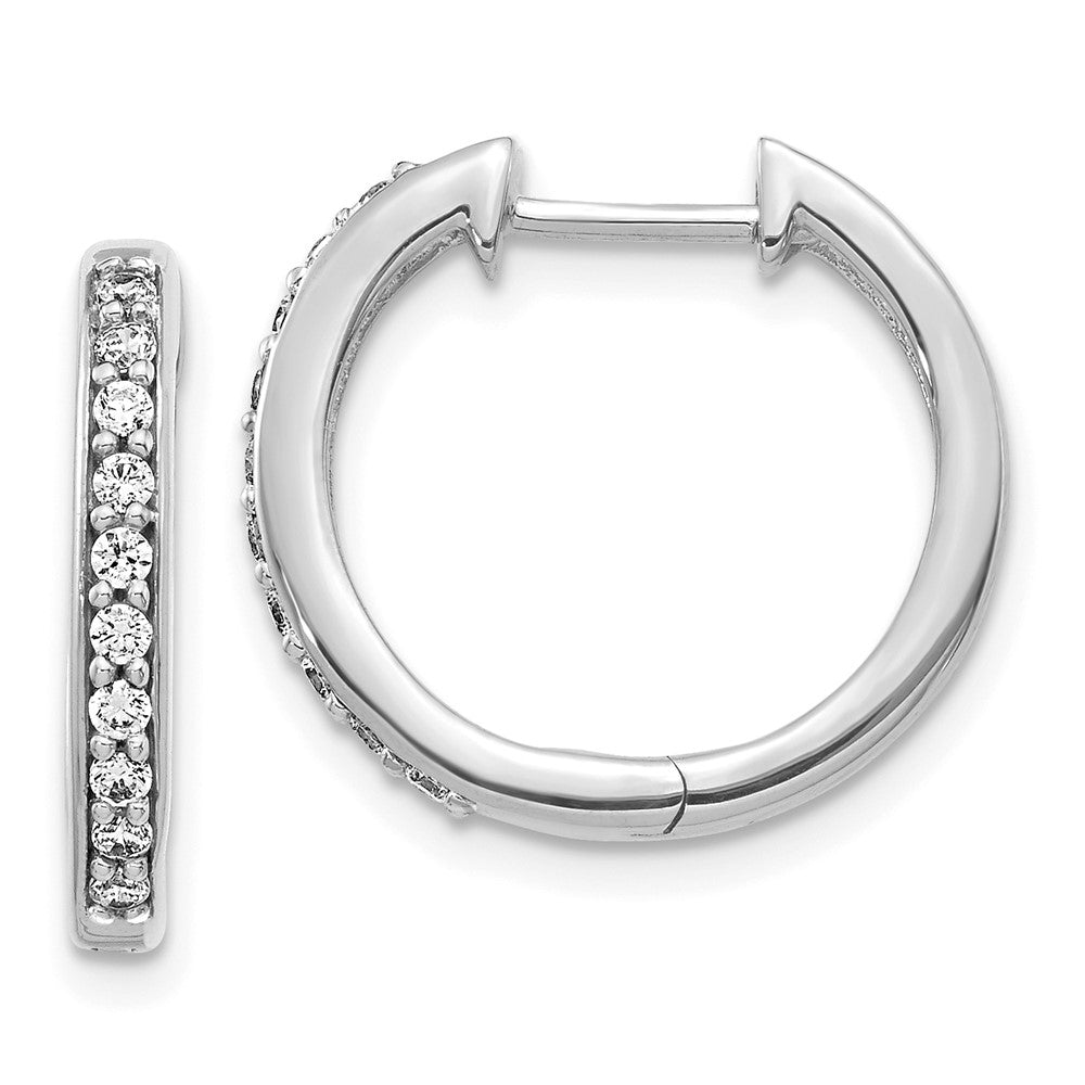 Solid 14k White Gold Simulated CZ Hinged Hoop Earrings