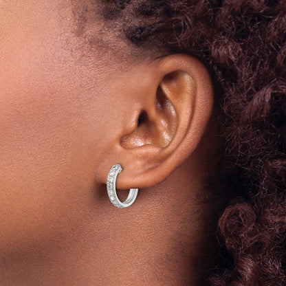 Solid 14k White Gold Simulated CZ Hinged Hoop Earrings