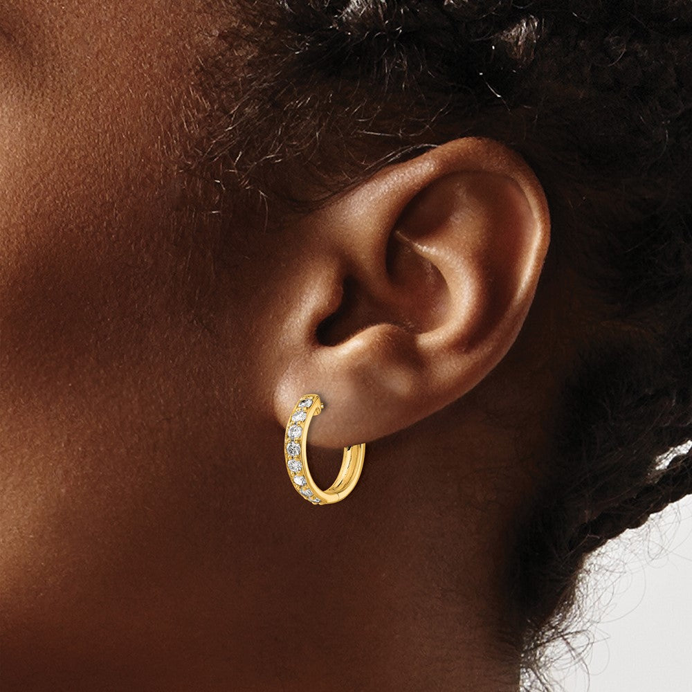 Solid 14k Yellow Gold Simulated CZ Hinged Hoop Earrings
