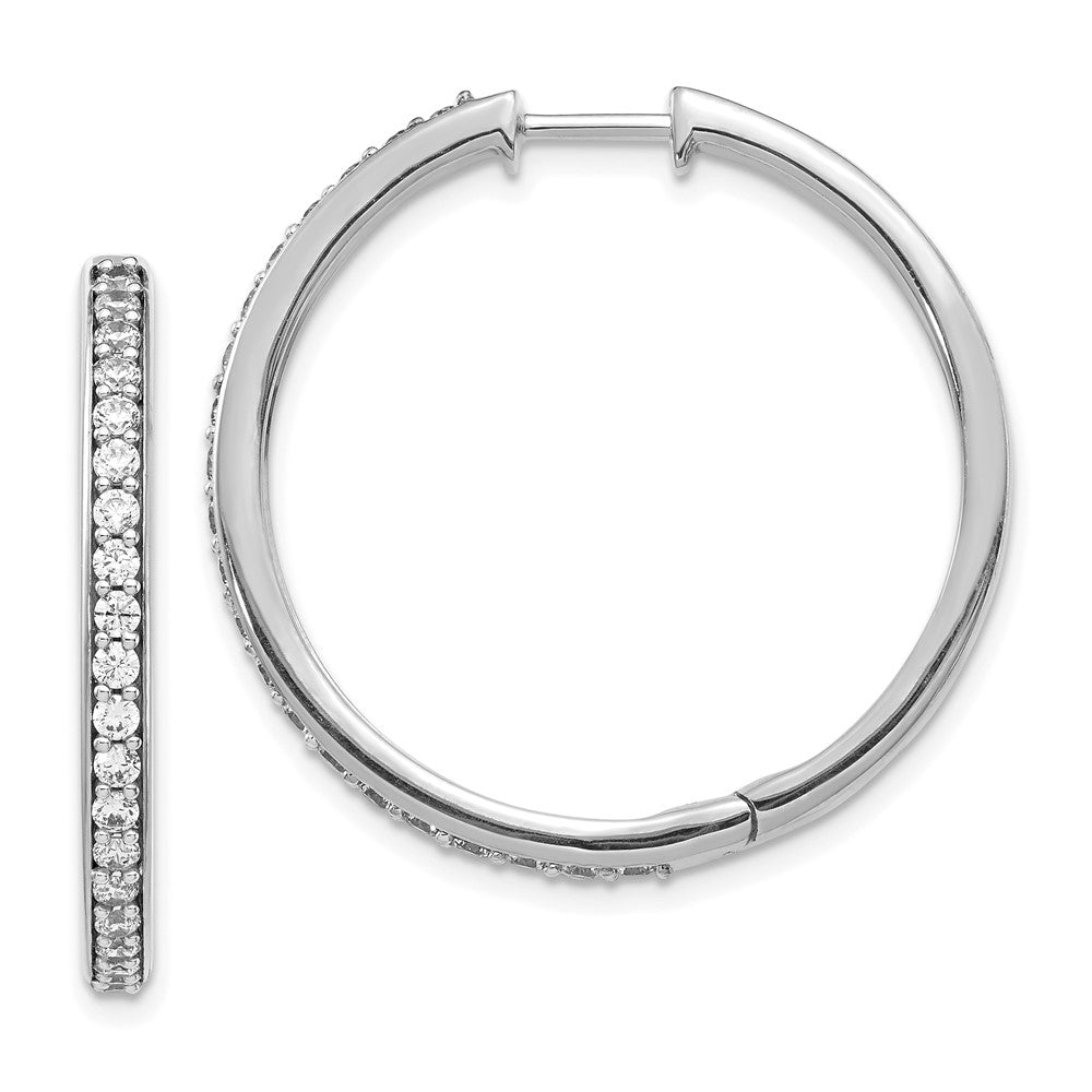 Solid 14k White Gold Simulated CZ Hinged Hoop Earrings