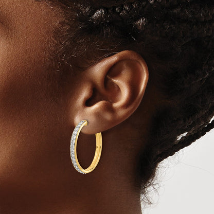 Solid 14k Yellow Gold Simulated CZ Hinged Hoop Earrings