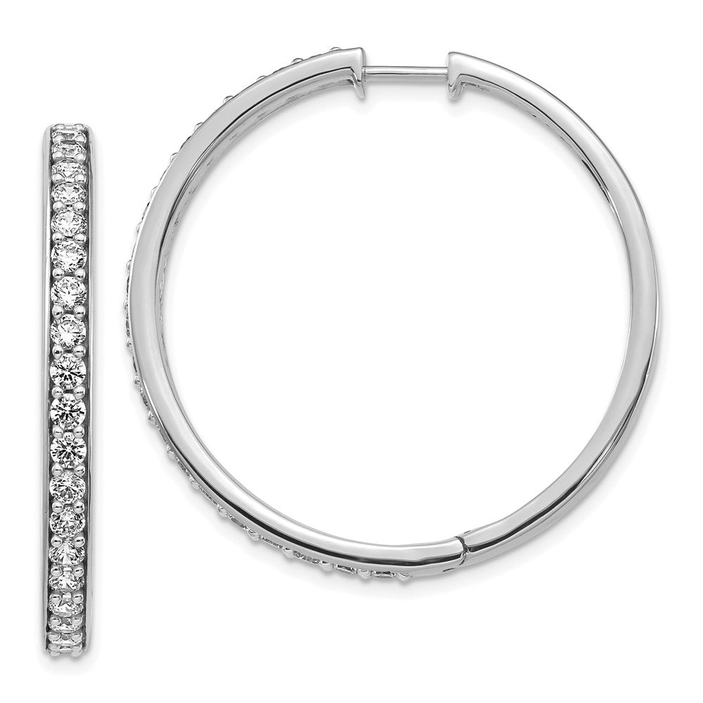 Solid 14k White Gold Simulated CZ Hinged Hoop Earrings