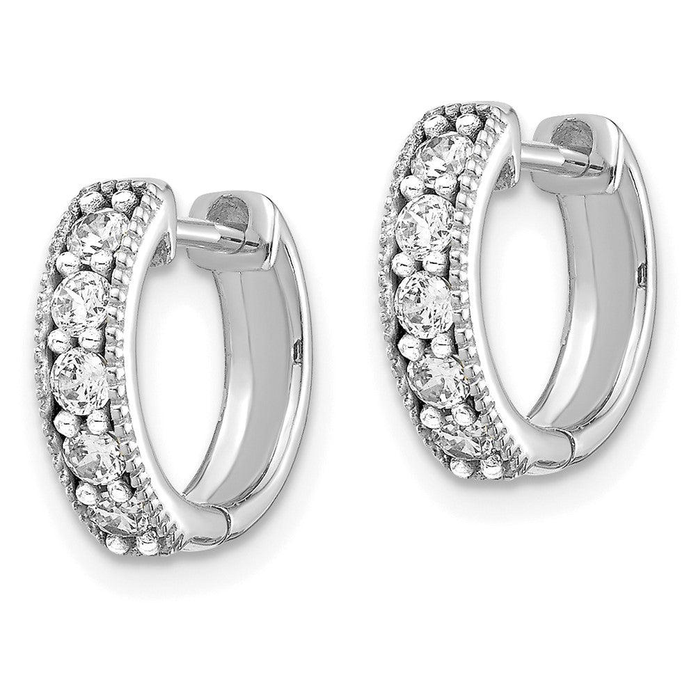 Solid 14k White Gold Simulated CZ Milgrain Hinged Hoop Earrings