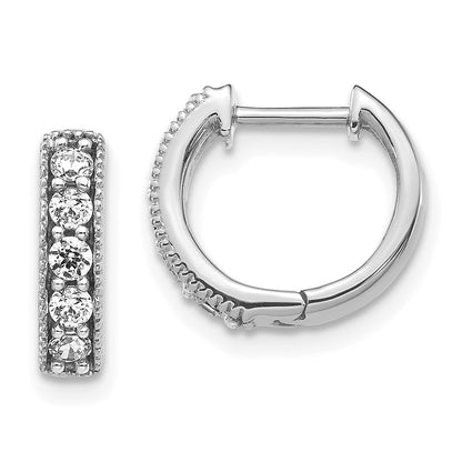 Solid 14k White Gold Simulated CZ Milgrain Hinged Hoop Earrings