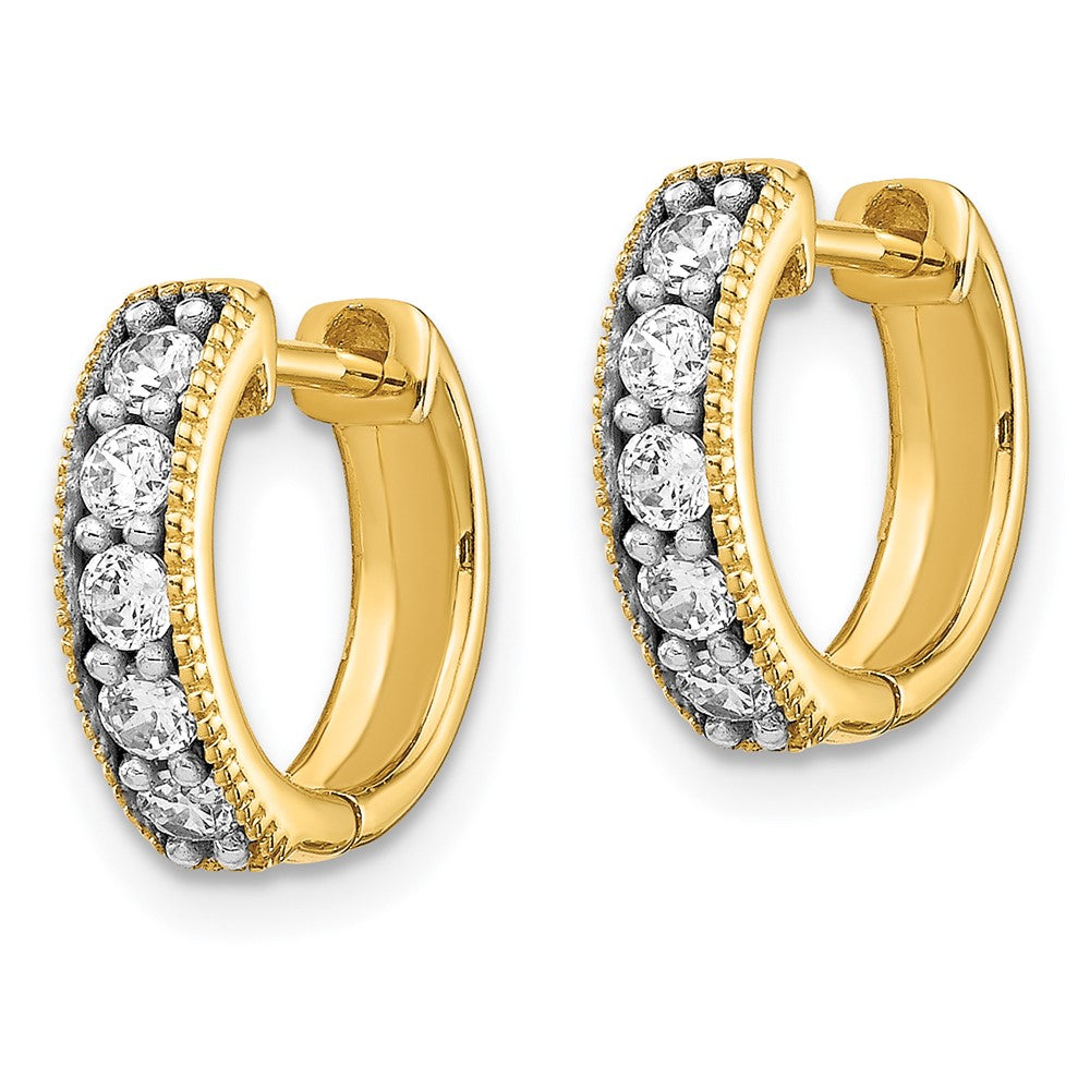 Solid 14k Yellow Gold Simulated CZ Milgrain Hinged Hoop Earrings