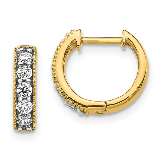 Solid 14k Yellow Gold Simulated CZ Milgrain Hinged Hoop Earrings