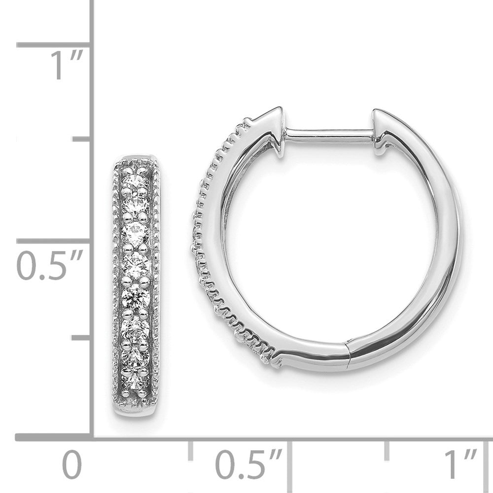 Solid 14k White Gold Simulated CZ Milgrain Hinged Hoop Earrings