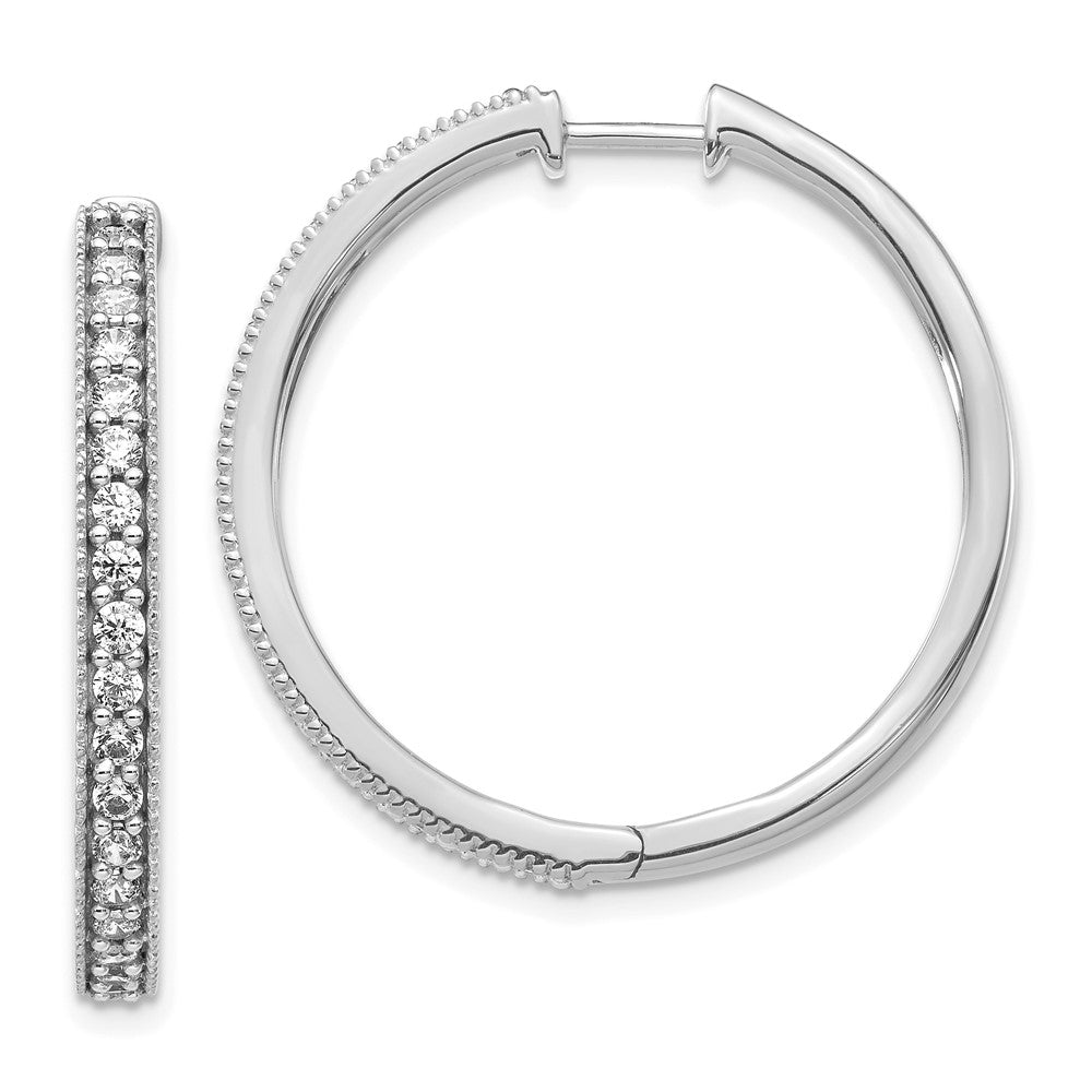 Solid 14k White Gold Simulated CZ Milgrain Hoop Earrings