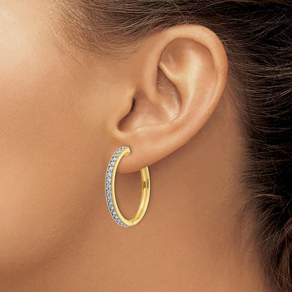 Solid 14k Yellow Gold Simulated CZ Milgrain Hoop Earrings