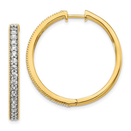 Solid 14k Yellow Gold Simulated CZ Milgrain Hoop Earrings