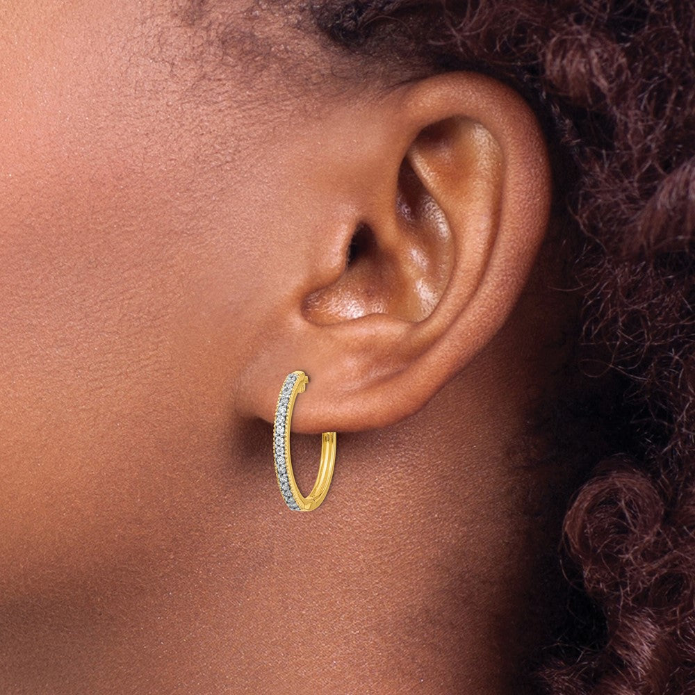 Solid 14k Yellow Gold Simulated CZ Milgrain Hinged Hoop Earrings