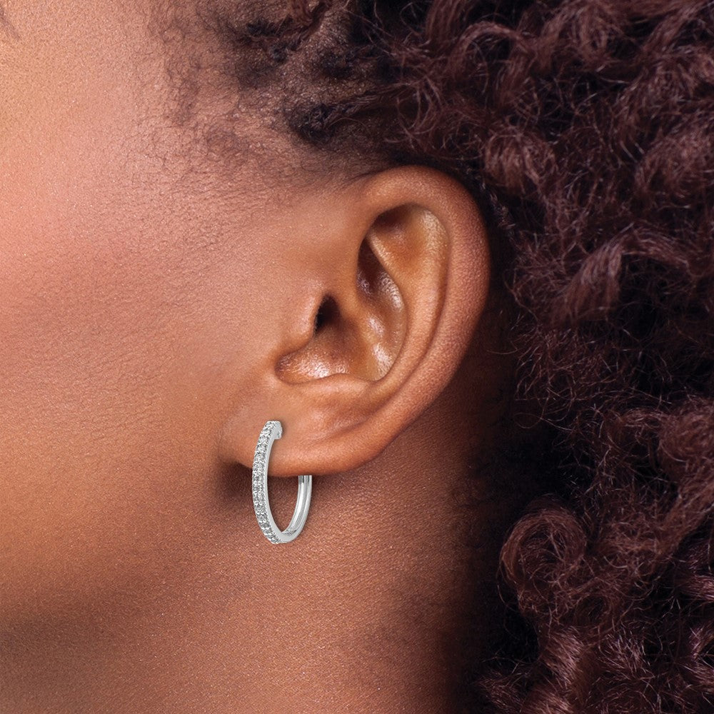 Solid 14k White Gold Simulated CZ Milgrain Hinged Hoop Earrings