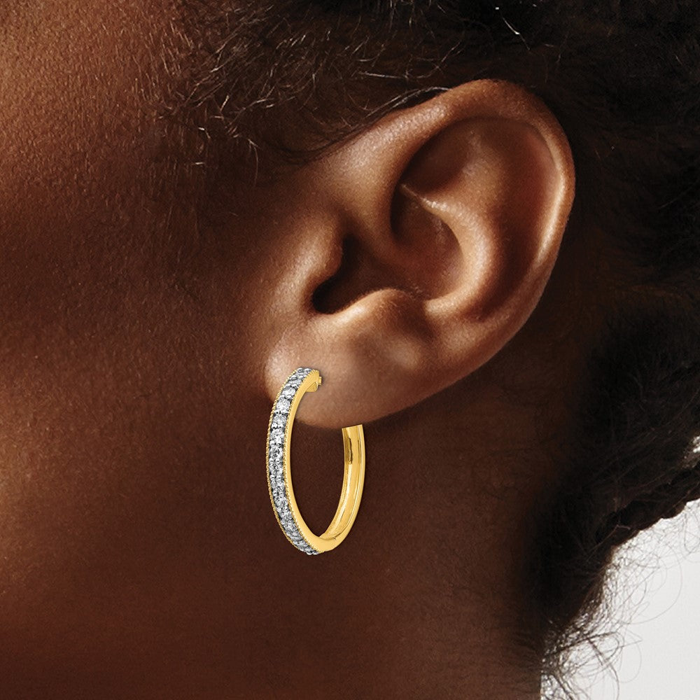 Solid 14k Yellow Gold Simulated CZ Milgrain Hoop Earrings
