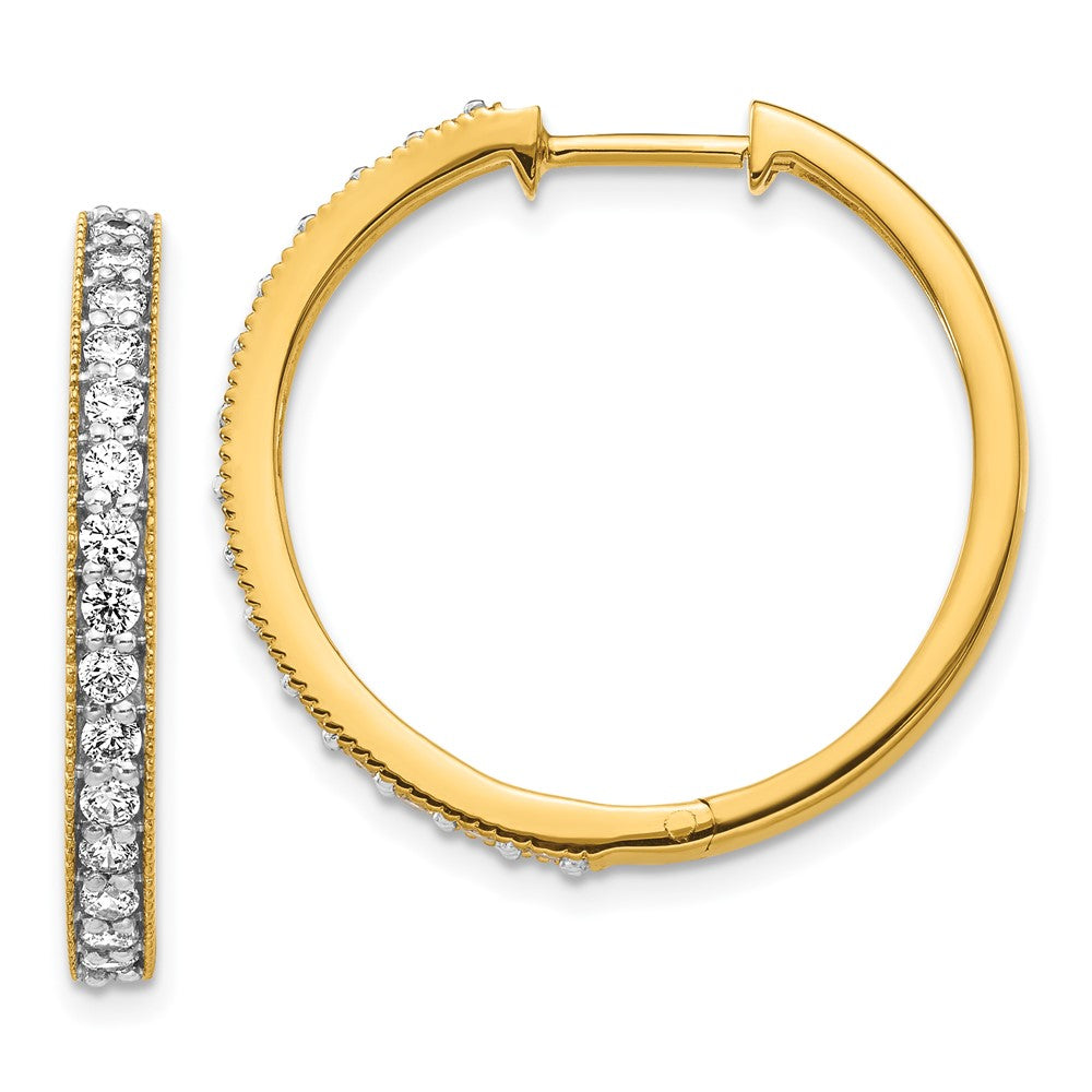 Solid 14k Yellow Gold Simulated CZ Milgrain Hoop Earrings