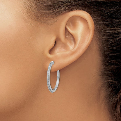 Solid 14k White Gold Simulated CZ Milgrain Hinged Hoop Earrings