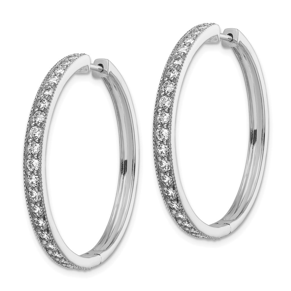 Solid 14k White Gold Simulated CZ Milgrain Hinged Hoop Earrings