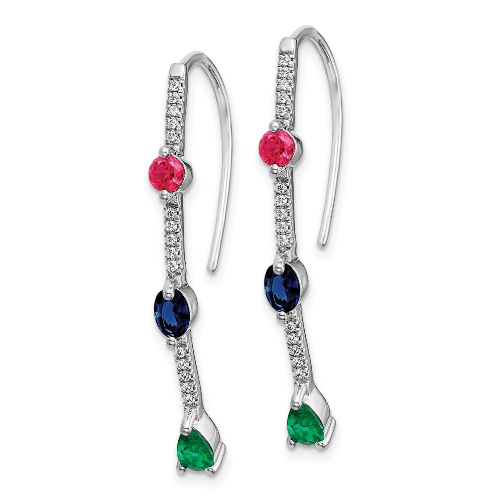 Solid 14k White Gold Simulated CZ and Ruby Simulated/Simulated Sapphire Emerald Earrings
