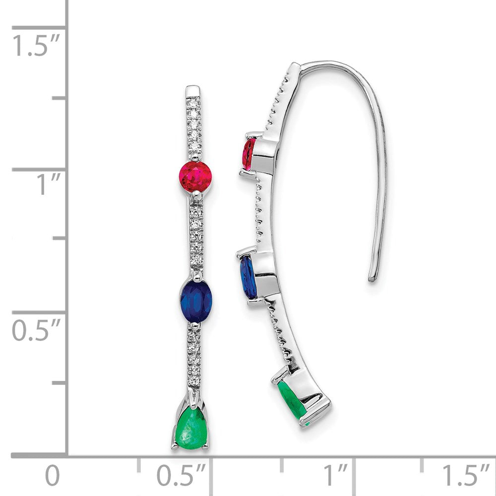 Solid 14k White Gold Simulated CZ and Ruby Simulated/Simulated Sapphire Emerald Earrings