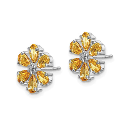 Solid 14k White Gold Simulated CZ Citrine Flower Earrings