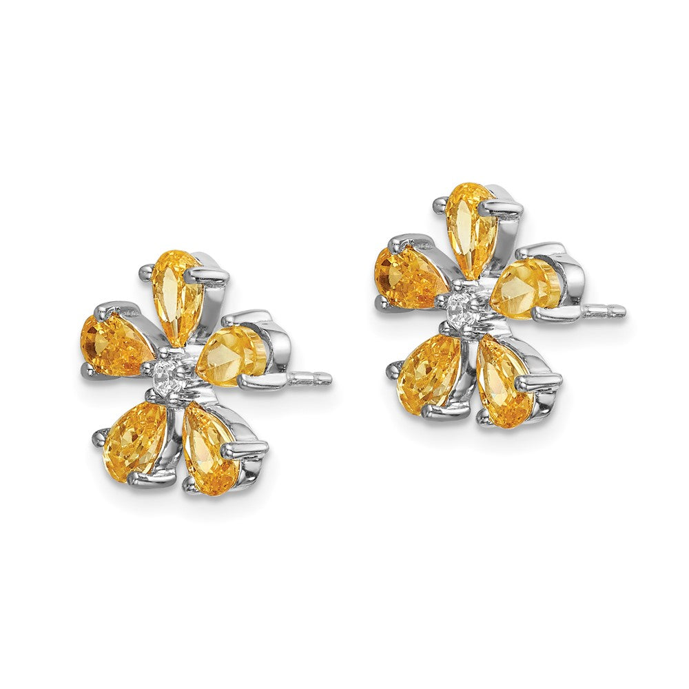 Solid 14k White Gold Simulated CZ Citrine Flower Earrings