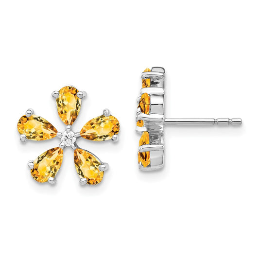 Solid 14k White Gold Simulated CZ Citrine Flower Earrings