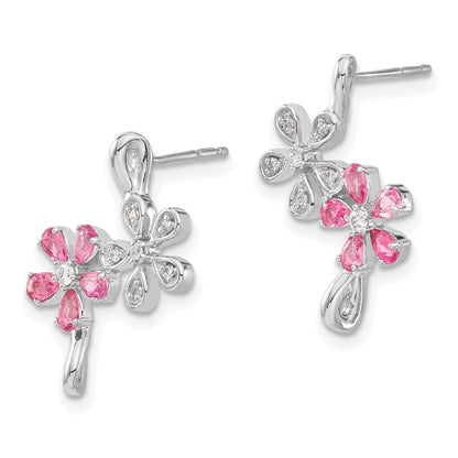 Solid 14k White Gold Simulated CZ and Pink Tourmaline Flower Earrings
