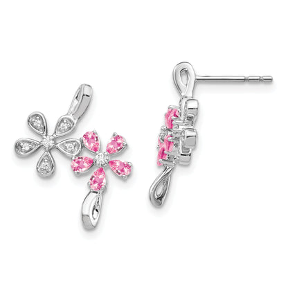 Solid 14k White Gold Simulated CZ and Pink Tourmaline Flower Earrings
