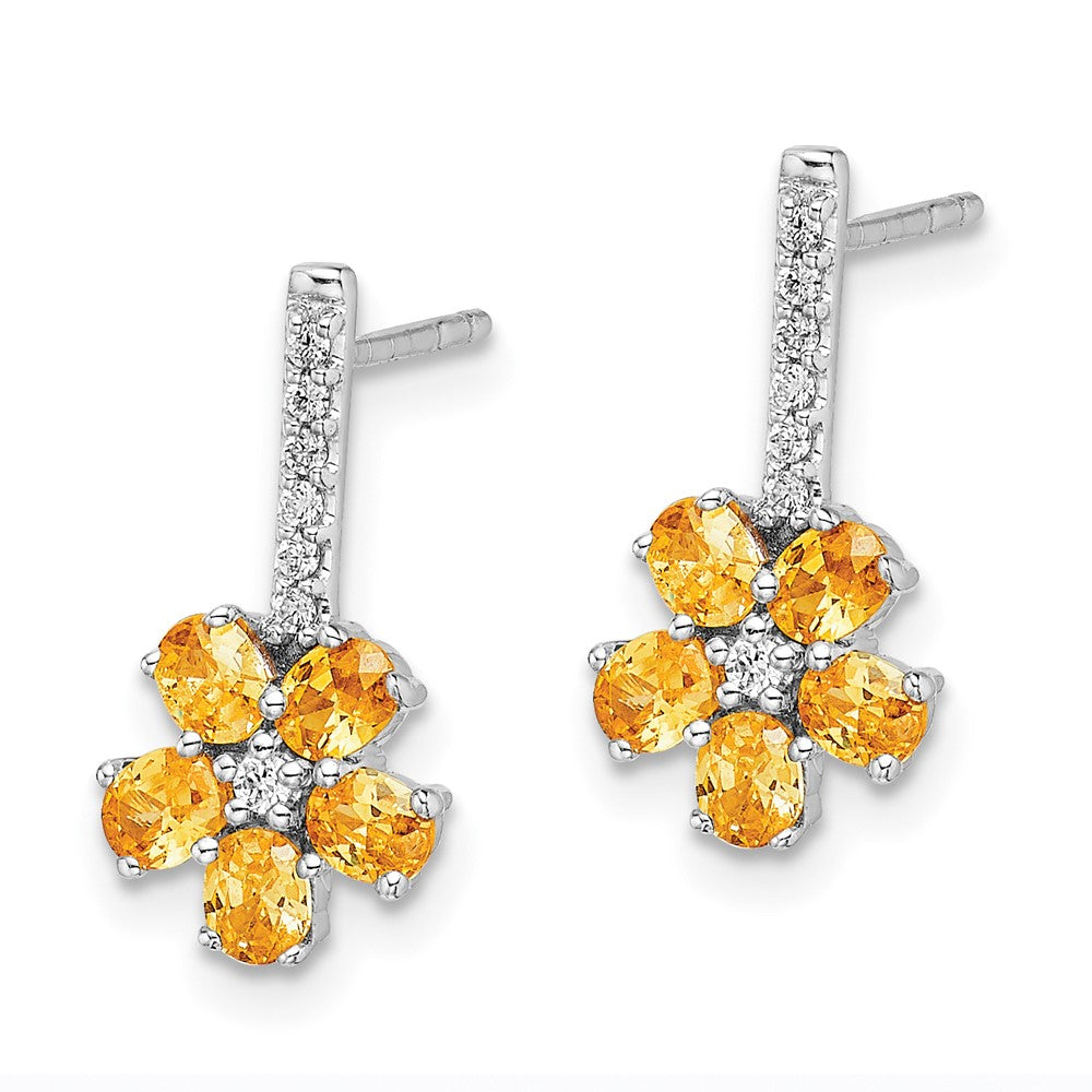 Solid 14k White Gold Simulated CZ Citrine Flower Earrings